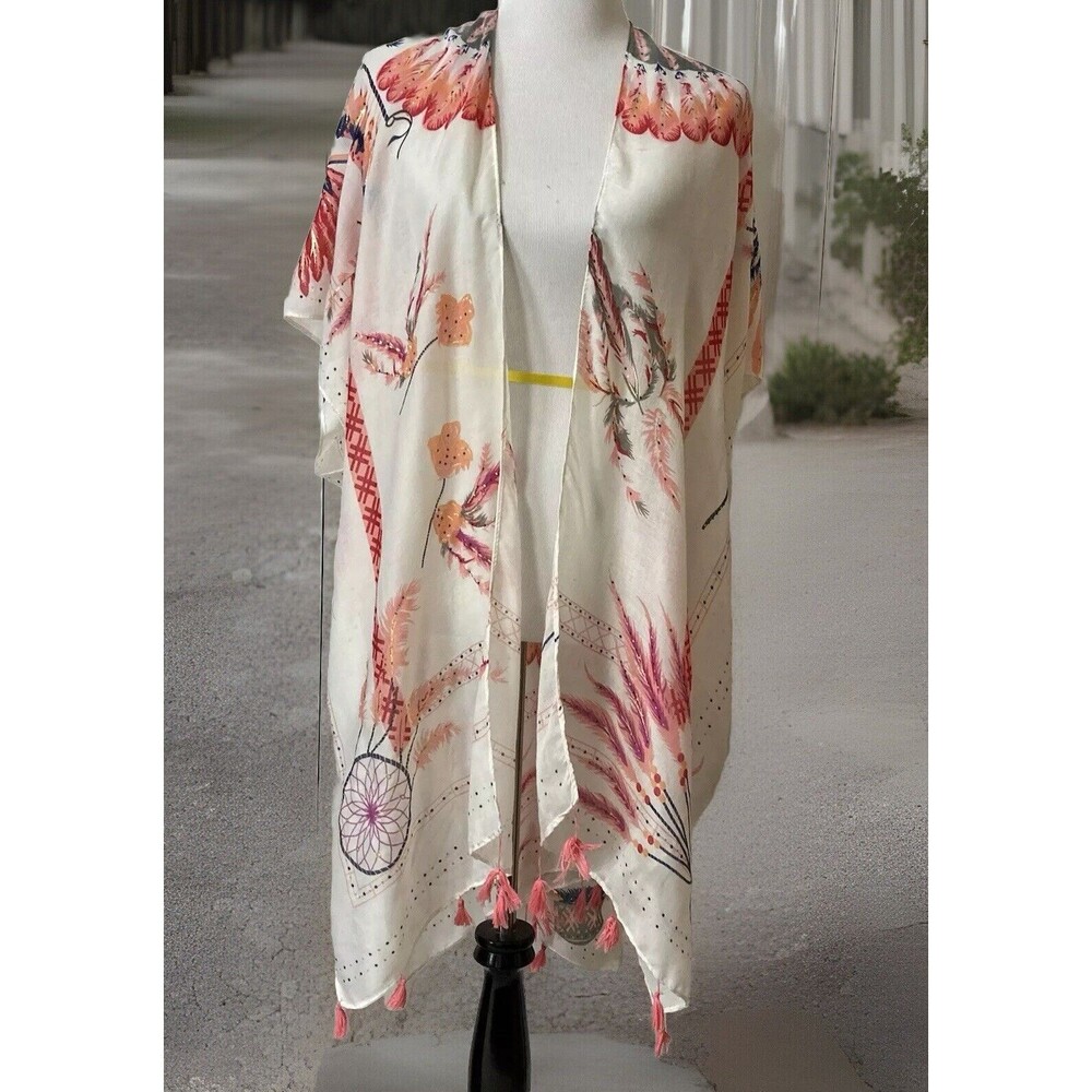 Woven Heart White Kimono Mosaic Boho Hippie Tassels Cover Up